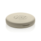 Miroir rond de maquillage en plastique beige, vu de trois quarts fermé, avec personnalisation sur le dessus