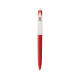 Stylo à bille rouge et blanc de face avec bouton poussoir, marquage sur le clip.