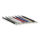 Six stylos inclinés multicolores avec clip et embout métalliques, sans marquage.