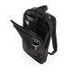 Sac à dos noir ouvert avec ordinateur, documents et poche avant zippée.