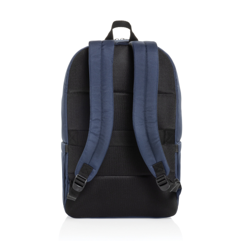 Sac à dos bleu marine vu de dos, bretelles et panneau dorsal rembourrés.