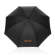 Parapluie noir ouvert de face avec poignée droite, marquage sur un pan.