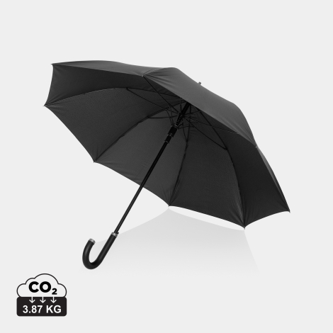 Parapluie noir ouvert de trois-quarts avec poignée courbée, sans personnalisation.