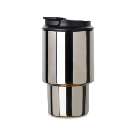 Tasse isotherme inox brillant avec couvercle noir, vue de face.