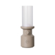 Lampe de table cylindrique beige avec diffuseur blanc et bouton rotatif, marquage visible