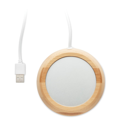 Chauffe-tasse rond en bambou vu de dessus avec câble USB blanc, sans marquage.