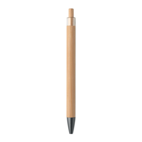 Stylo à bille en bambou vu de dos avec pointe et bouton poussoir, sans marquage.