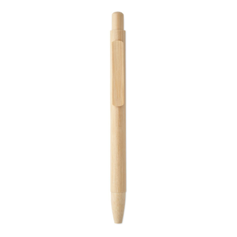 Stylo à bille en bambou vu de dos avec clip en bambou, sans marquage.
