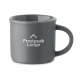 Tasse à expresso en céramique grise avec anse arrondie, marquage central visible.