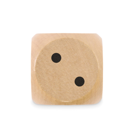 Dé en bois Schima 5 cm vu de face sur fond neutre, sans marquage.
