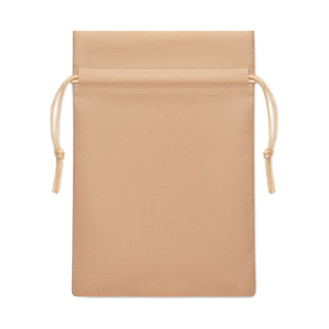 Pochette cadeau beige en RPET recyclé avec cordon assorti, sans marquage visible.