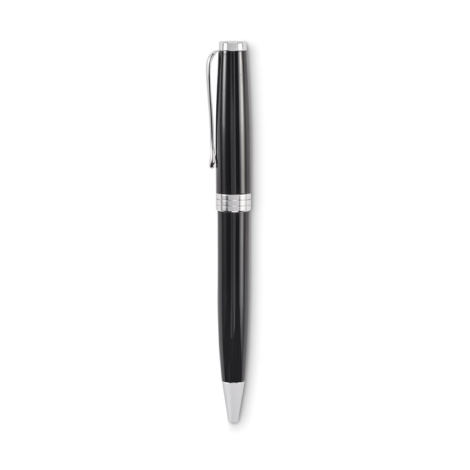 Stylo bille noir twist avec bague centrale argentée et clip métallique.