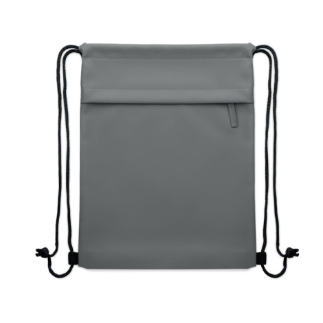 Sac à cordon gris en polyester recyclé 600D, vu à plat avec cordons noirs.