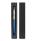 Stylo bille bleu métallisé et argenté dans coffret rectangulaire noir.