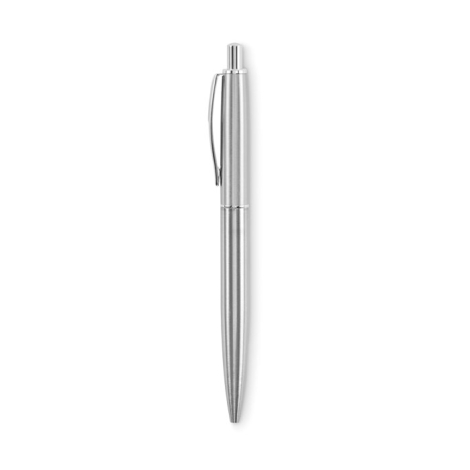 Stylo bille entièrement argenté avec clip métallique, présenté de face.