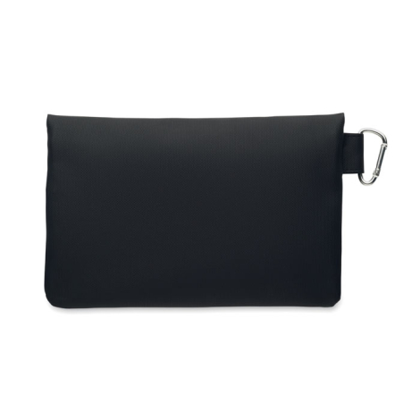 Pochette noire en RPET 600D vue de dos avec mousqueton métallique fixé sur le côté.
