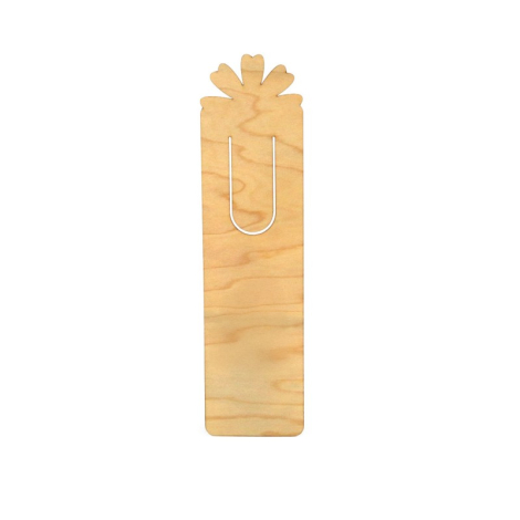 Marque-page en bois clair, forme rectangulaire avec découpe feuilles stylisées.