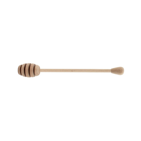 Cuillère à miel en bois clair avec manche long et extrémité rainurée, sans personnalisation visible.