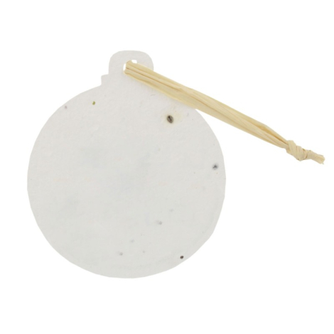 Décoration ronde en papier blanc à inclusions, ficelle naturelle pour l’attache.