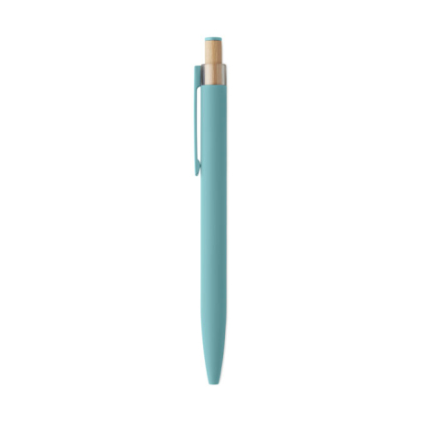 Stylo bille vert clair mat en aluminium recyclé avec clip assorti et poussoir en bambou.