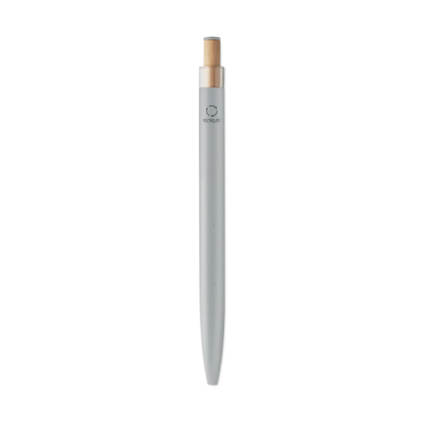 Stylo bille gris foncé en aluminium recyclé avec clip assorti et poussoir en bambou, marquage sur le haut du corps.