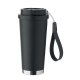 Gobelet isotherme noir mat 500 ml avec base inox et anse textile détachable.