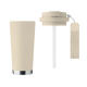 Gobelet isotherme beige 500 ml avec couvercle à vis et sangle textile détachés.