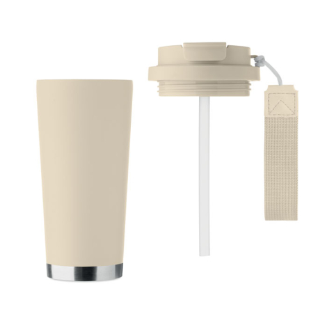 Gobelet isotherme beige 500 ml avec couvercle à vis et sangle textile détachés.