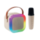 Enceinte de karaoké beige avec façade grillagée argentée et cadre lumineux multicolore, poignée marron et micro assorti.
