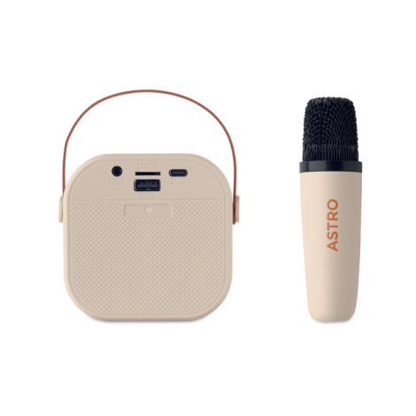 Vue arrière de l’enceinte de karaoké beige avec ports de connexion et micro assorti, marquage visible sur le corps du micro.