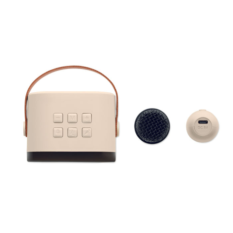 Vue de dessus de l’enceinte de karaoké beige avec boutons de commande et micro séparé posé à côté.