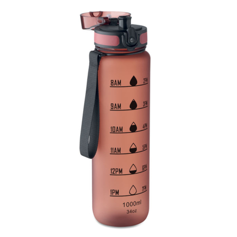 Bouteille de sport rouge translucide vue de face, couvercle entrouvert, marquage centré avec repères horaires.