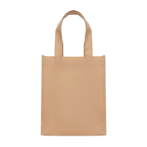 Sac cadeau beige en non-tissé, présenté de face avec anses droites cousues.