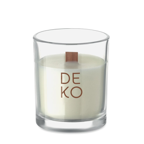 Bougie publicitaire en verre avec mèche bois Kivas Wood