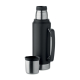 Bouteille isotherme noire avec poignée noire, bouchon inox et gobelet posé devant.