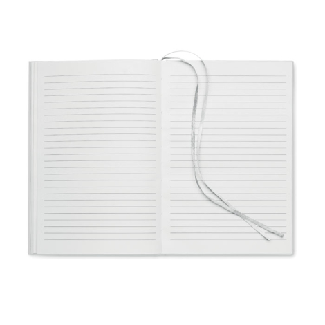Carnet A5 ouvert à pages lignées blanches avec deux rubans marque-pages au centre.