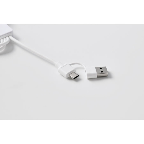 Gros plan sur les connecteurs USB et USB-C blancs d’un câble multi-connecteurs.
