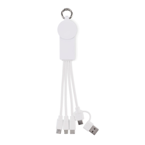 Câble multi-connecteurs blanc présenté à plat avec 5 embouts et anneau métallique en haut.