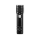 Lampe torche en aluminium noir, vue de face avec lentille circulaire et bouton central.
