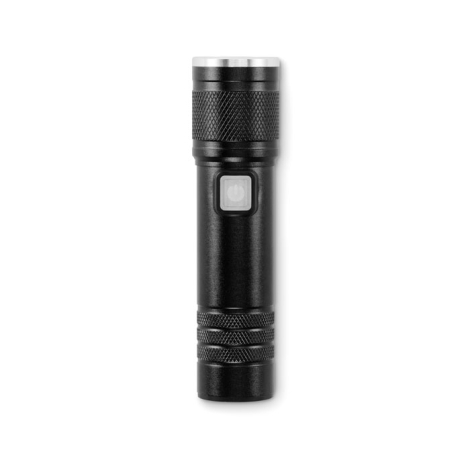 Lampe torche en aluminium noir, vue de face avec lentille circulaire et bouton central.