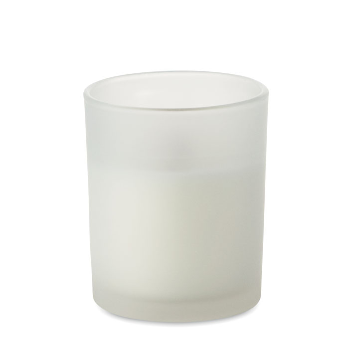 Bougie publicitaire en verre avec mèche bois Kivas Wood Blanc
