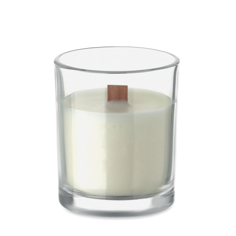 Bougie publicitaire en verre avec mèche bois Kivas Wood