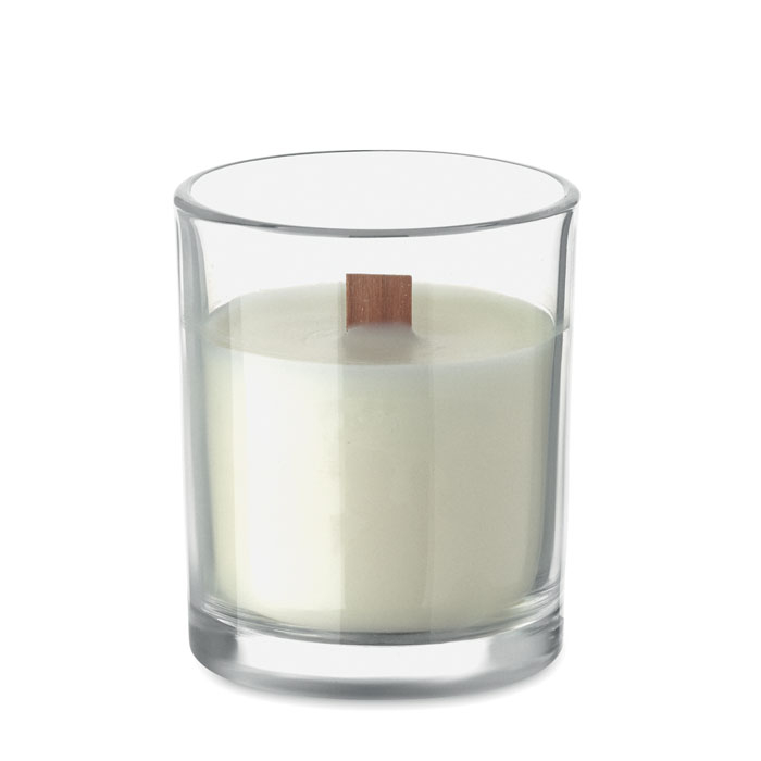 Bougie publicitaire en verre avec mèche bois Kivas Wood Transparent