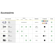 Accessoires présentés individuellement avec visuels produits et leurs caractéristiques techniques.