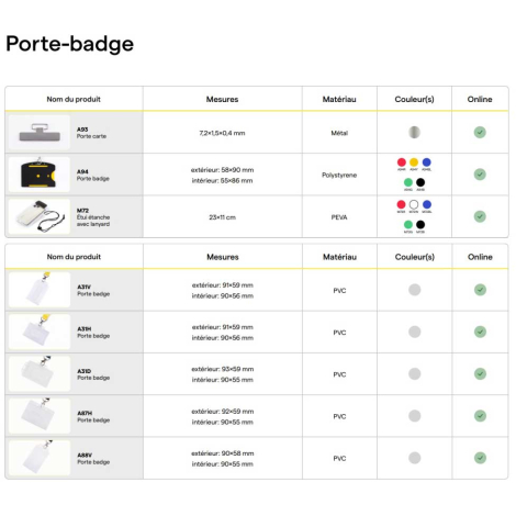 Accessoires présentés individuellement avec visuels produits et leurs caractéristiques techniques.