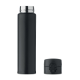 Bouteille isotherme 300 ml en inox recyclé noire, bouchon dévissé posé à côté laissant voir le col en acier brillant.