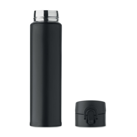 Bouteille isotherme 300 ml en inox recyclé noire, bouchon dévissé posé à côté laissant voir le col en acier brillant.