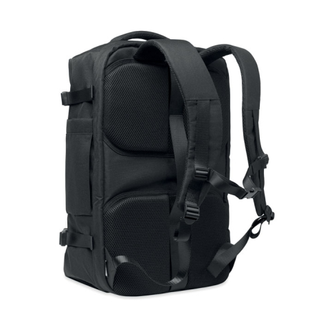 Sac de voyage noir vu de dos, équipé de bretelles matelassées et d’un panneau renforcé en mesh.