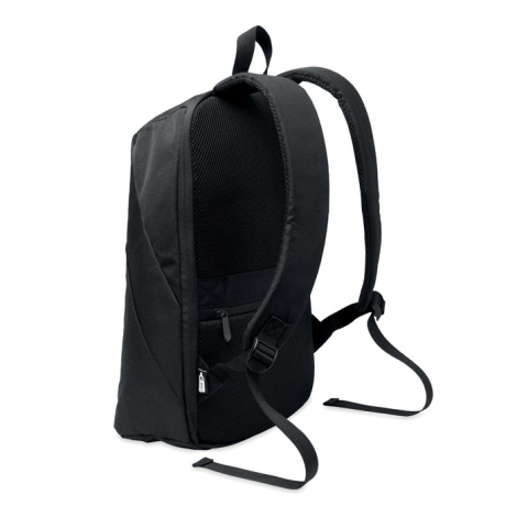 Sac à dos noir rPET 600D vu de dos avec bretelles matelassées et poignée de transport renforcée.