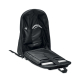 Sac à dos noir rPET 600D ouvert, montrant un compartiment rembourré pour ordinateur portable et des poches intérieures pour acce